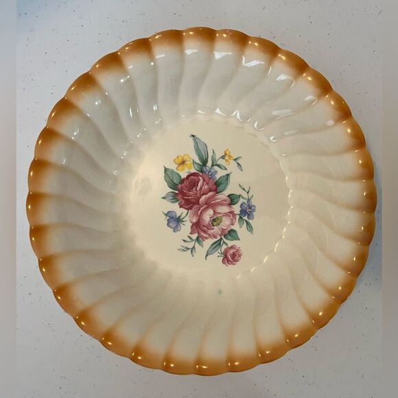Vintage Homer Laughlin Serving 9" Bowl Pink Victorian Roses orange Swirl Edge - Picture 4 of 6